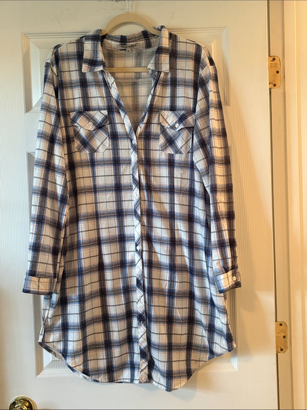 White Mark Blue and White Plaid Button-Front Shirt Dress